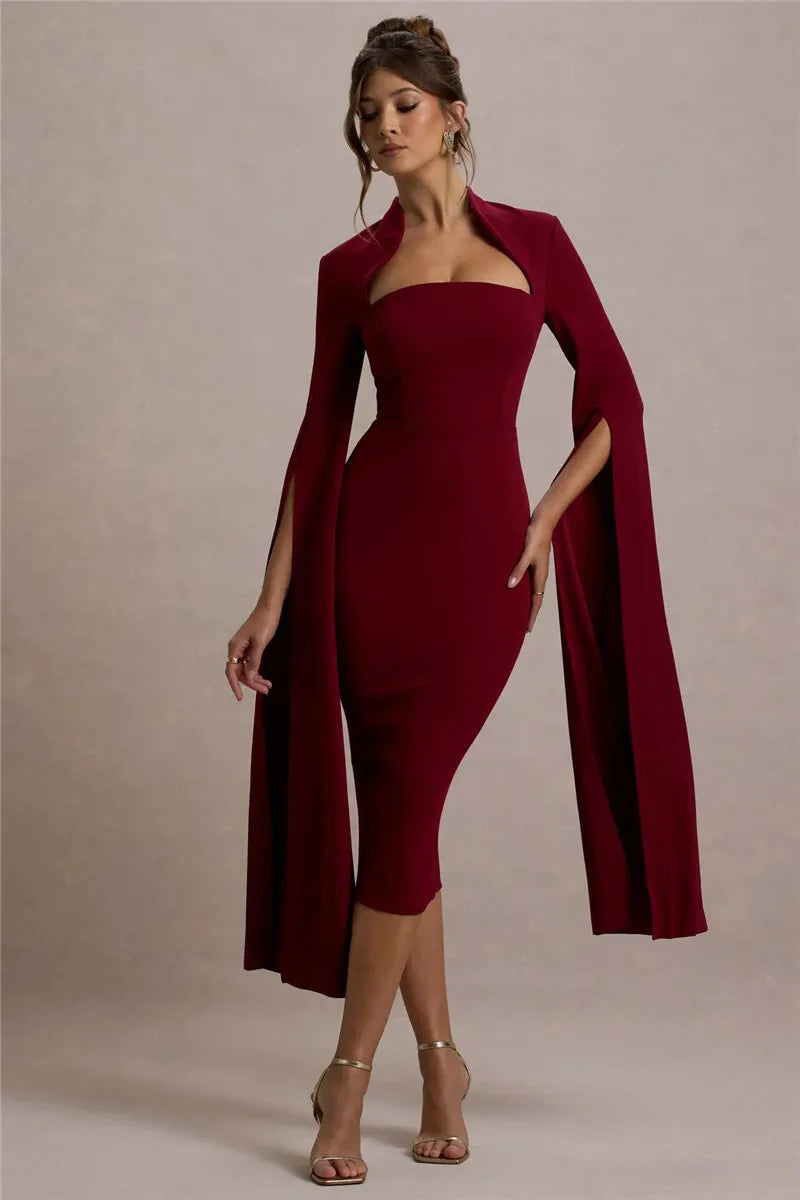 Cape Long Sleeve Sexy Midi Dress For Women Autumn Winter New Square Collar Back Slit Bodycon Club Party Long Dress