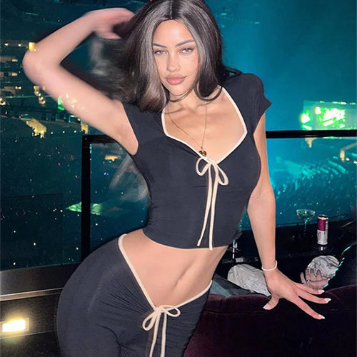 Load image into Gallery viewer, Daily Women New In Matching Sets Lace Up Short Sleeve Tops+V Shape Low Waist Flare Pants Temperament Streetwear Outfits
