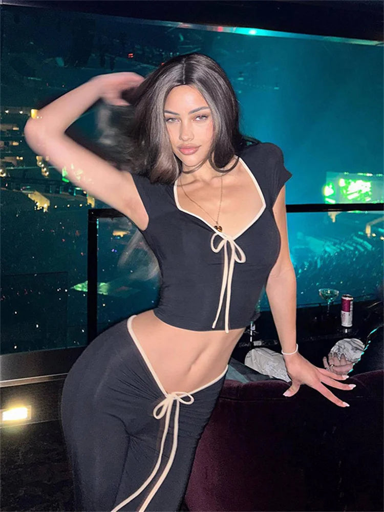 Daily Women New In Matching Sets Lace Up Short Sleeve Tops+V Shape Low Waist Flare Pants Temperament Streetwear Outfits