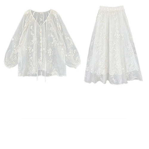 Load image into Gallery viewer, Apricot Shirt Embroidery Thin Skirt Two Pieces Suit New V-Neck Long Sleeve Women Fashion Tide Spring Summer 2025 1DJ1241
