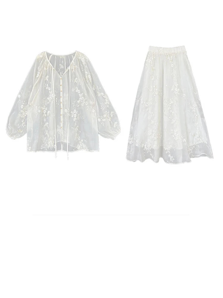 Apricot Shirt Embroidery Thin Skirt Two Pieces Suit New V-Neck Long Sleeve Women Fashion Tide Spring Summer 2025 1DJ1241