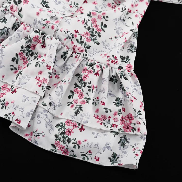 Short Sleeve Floral Mini Dress For Women Robe Turn-down Collar Elegant French Dress Ladies Fashion High Waist Dresses