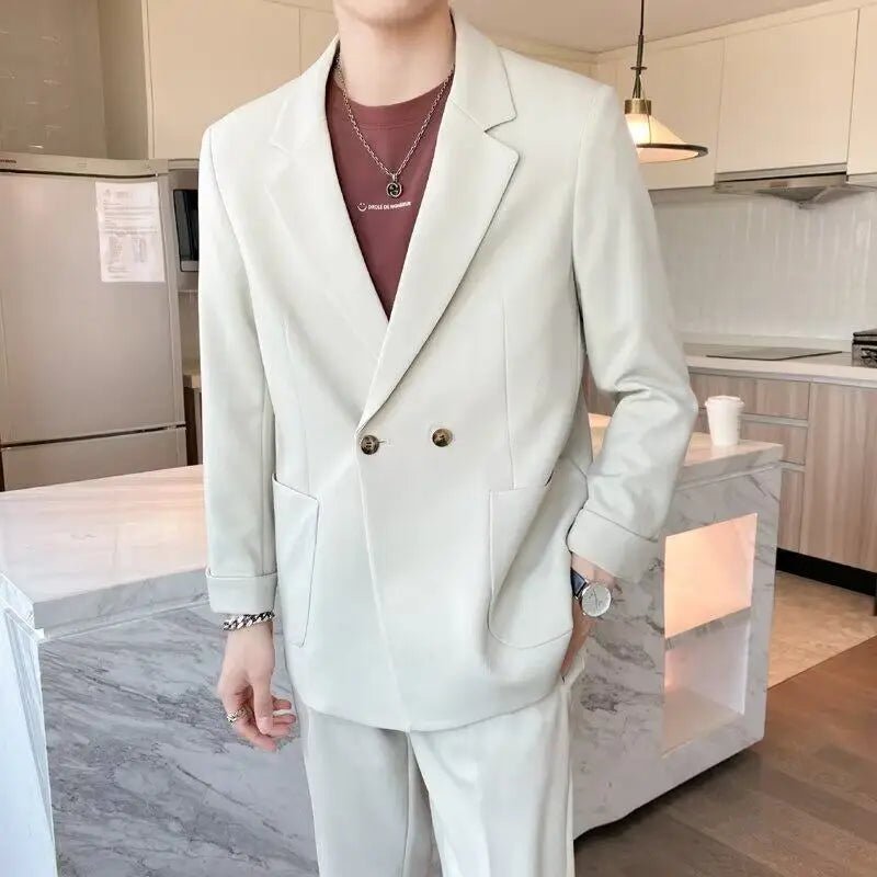 Korean Style New Trendy Male Blazer Turn-down Collar Solid Color Suit Jacket 2025 Spring Loose Fit Men Clothing 9W1203