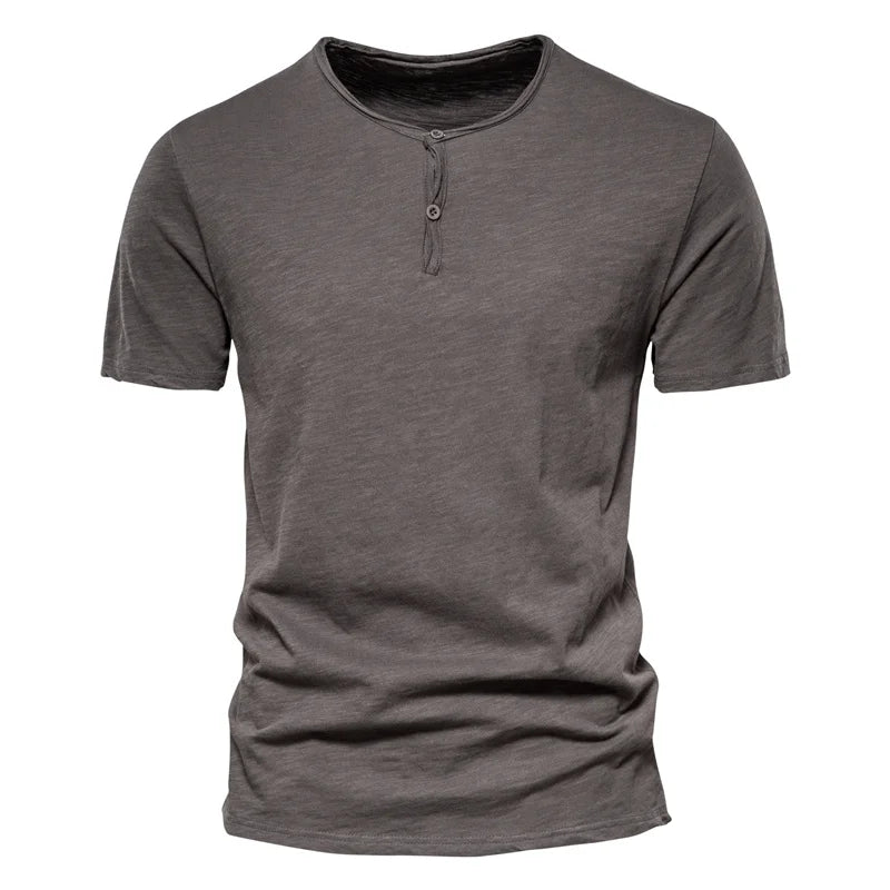 Solid Color Casual T-shirts Men O-neck Button Up 100% Cotton Mens T Shirt 2021 New Summer Quality Classic Top Tees Men