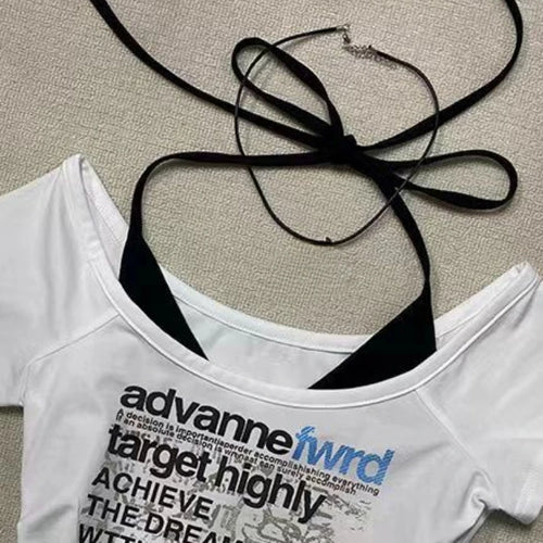 Load image into Gallery viewer, Streetwear Fake Two Pieces Halter Bandage Women T-shirt Harajuku Letter Printing Crop Tops Y2k Aesthetic Bodycon Grunge Tees
