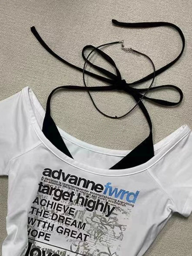 Streetwear Fake Two Pieces Halter Bandage Women T-shirt Harajuku Letter Printing Crop Tops Y2k Aesthetic Bodycon Grunge Tees