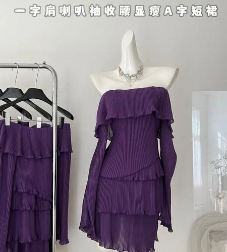 French Vintage Women Autumn Purple Long Sleeve Off Shoulder Mini Dress Fashion Backless Festival Party Slim Short Evening Dress