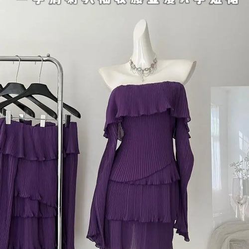 Load image into Gallery viewer, French Vintage Women Autumn Purple Long Sleeve Off Shoulder Mini Dress Fashion Backless Festival Party Slim Short Evening Dress
