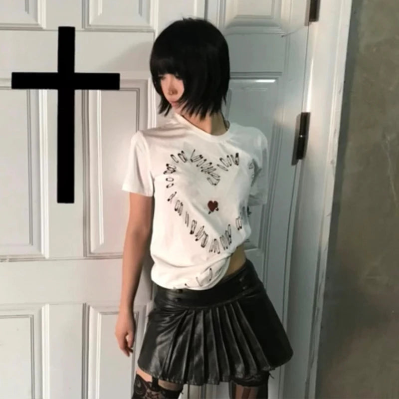 Japanese Y2k Heart print T-shirt Trashy 2000s Style Short Sleeve Tee Shirt Vintage Harajuku Streetwear Grunge Aesthetics