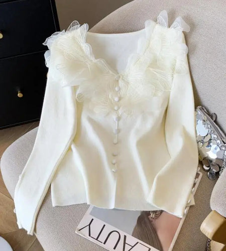 Autumn Winter Black Beige Elegant V Neck Short Knitted Sweater French Women Pink Single Breasted Long Sleeved Pullover Tops Chic