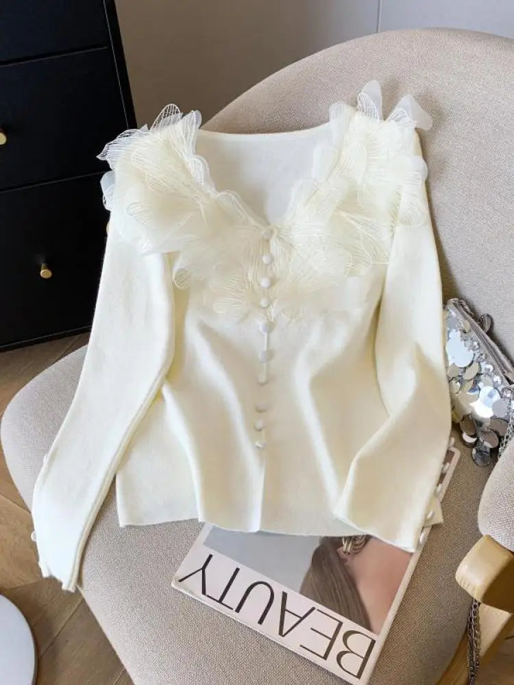 Autumn Winter Black Beige Elegant V Neck Short Knitted Sweater French Women Pink Single Breasted Long Sleeved Pullover Tops Chic