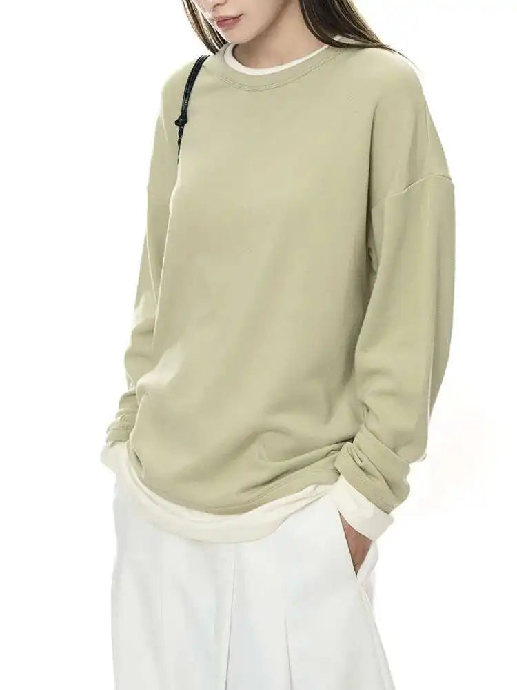 Women Black Hem Color-block Big Size Casual T-shirt New Round Neck Long Sleeve Fashion Tide Spring Autumn 2025 1DH8666