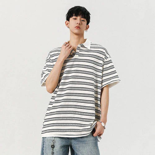 Load image into Gallery viewer, Men's Short Sleeve T-shirts New Summer Korean Contrast Color Striped  Fake Two-Piece Tide Lapel Pullover Male Tees 9W1944
