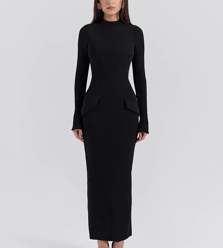 Black Long Sleeve Sexy Maxi Dress For Women Autumn Winter New O Neck Two Pocket Back Split Bodycon Long Dress Elegant