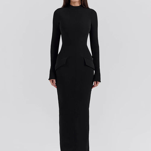Load image into Gallery viewer, Black Long Sleeve Sexy Maxi Dress For Women Autumn Winter New O Neck Two Pocket Back Split Bodycon Long Dress Elegant
