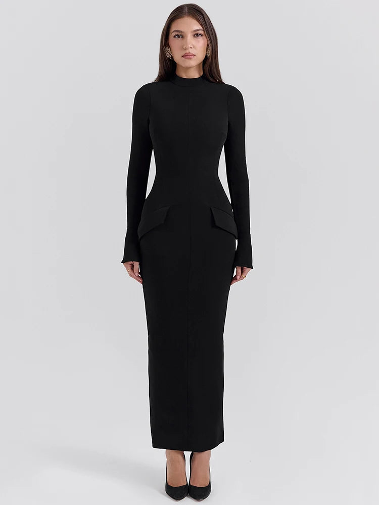 Black Long Sleeve Sexy Maxi Dress For Women Autumn Winter New O Neck Two Pocket Back Split Bodycon Long Dress Elegant