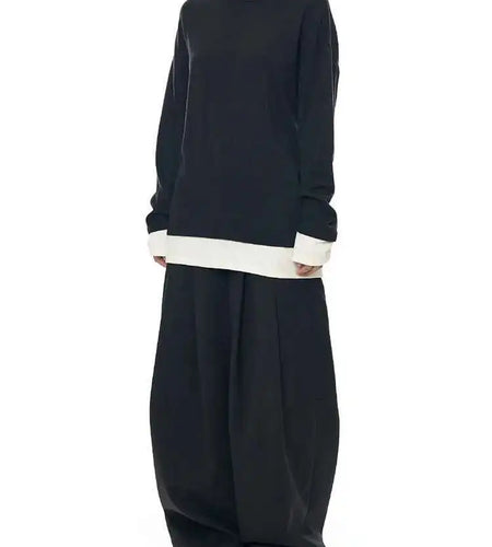 Women Black Hem Color-block Big Size Casual T-shirt New Round Neck Long Sleeve Fashion Tide Spring Autumn 2025 1DH8666