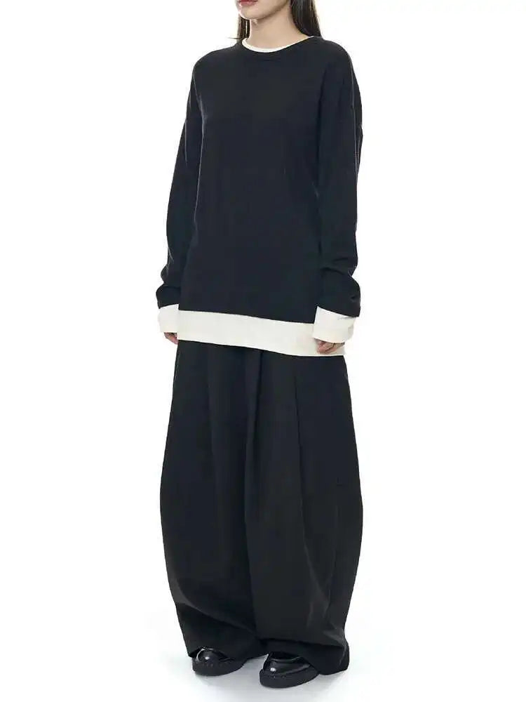 Women Black Hem Color-block Big Size Casual T-shirt New Round Neck Long Sleeve Fashion Tide Spring Autumn 2025 1DH8666