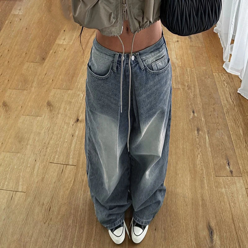 Vintage Y2K Chic Women Jeans Basic Pleated Distressed Harajuku Straight Leg Denim Trousers Bottom Korean Pants Outfit