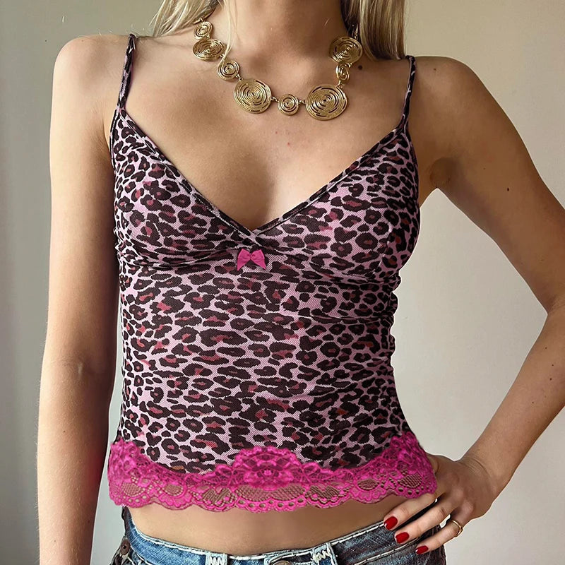 Vintage Strap Y2K Aesthetic Summer Tops Women Leopard Camisole Lace Patchwork 2000s Aesthetic Chic Cropped Top Kawaii