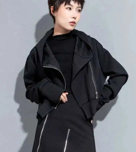 Black Zipper Irregular Big Size Short Jacket New Hooded Long Sleeve Women Coat Fashion Tide Spring Autumn 2025 1DH7062