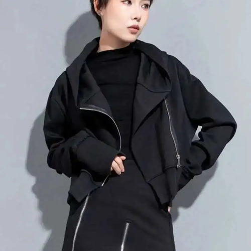 Load image into Gallery viewer, Black Zipper Irregular Big Size Short Jacket New Hooded Long Sleeve Women Coat Fashion Tide Spring Autumn 2025 1DH7062
