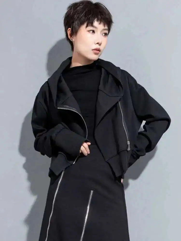 Black Zipper Irregular Big Size Short Jacket New Hooded Long Sleeve Women Coat Fashion Tide Spring Autumn 2025 1DH7062