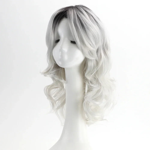 Load image into Gallery viewer, Grey Long Curly Wavy Wigs for Women Synthetic Hair Dark Roots Ombre White Wig Natural Soft Fluffy Body Wave Female Wig
