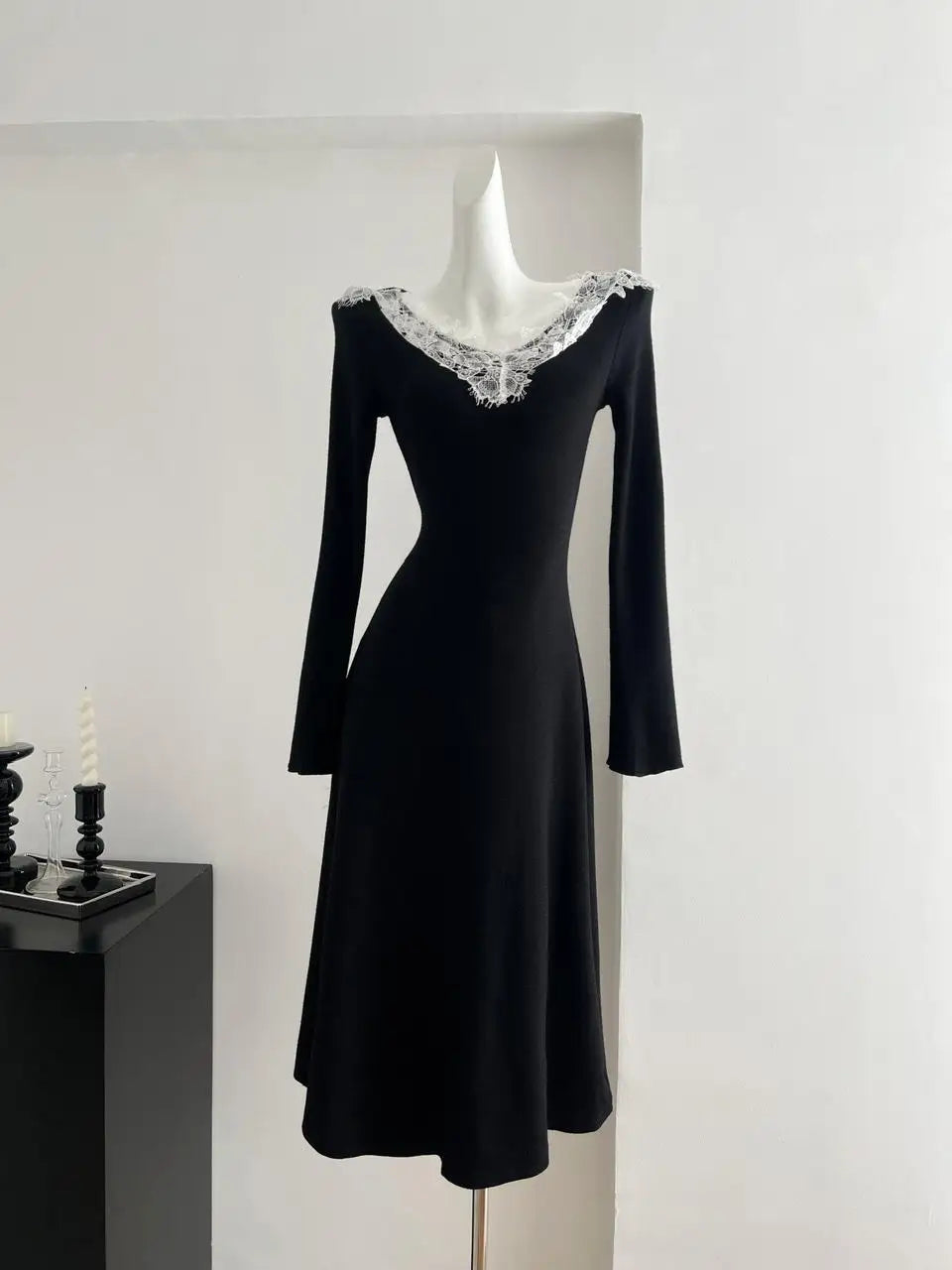 Autumn Black Patchwork Lace V Neck Elegant Slim Knitted Dresses Women Long Sleeves Festival Party Evening Dress Fashion Popular