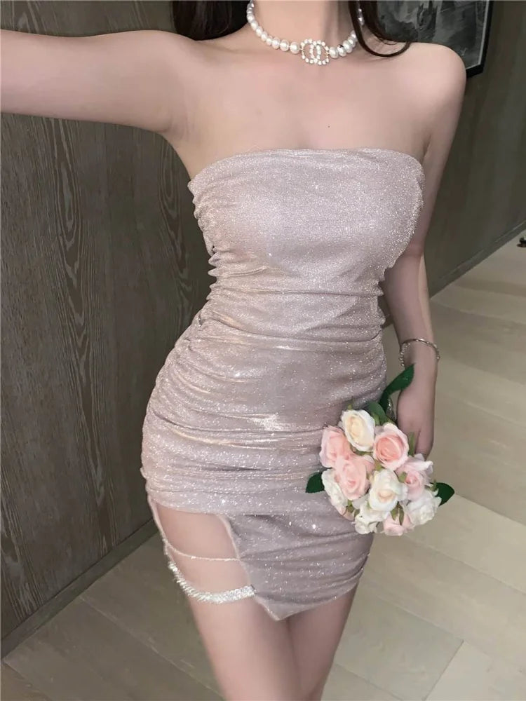 Sexy Strapless Off Shoulder Backless Mini Dress Shiny Bodycon Slim Night Club Party Slim Wrap Short Dresses