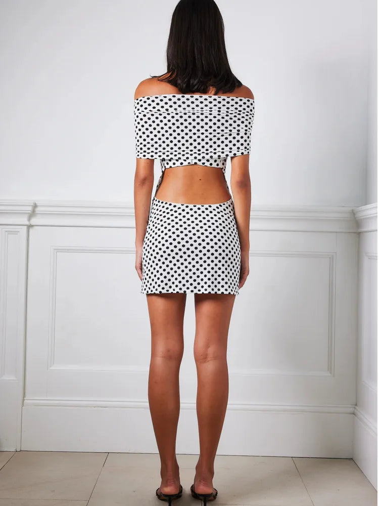 Elegant Sleeveless One Shoulder Elastic Tight Hollow Mini Dress Polka Dots Women Sexy Slimming Party Club Evening Dress