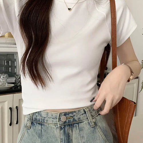 Load image into Gallery viewer, Sexy O Neck Slim T Shirt Women Cotton Elastic Basic Solid Female Casual Korean Tops Short Sleeve Thin T-shirts
