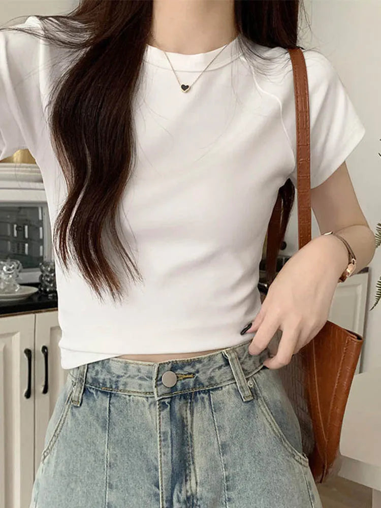 Sexy O Neck Slim T Shirt Women Cotton Elastic Basic Solid Female Casual Korean Tops Short Sleeve Thin T-shirts