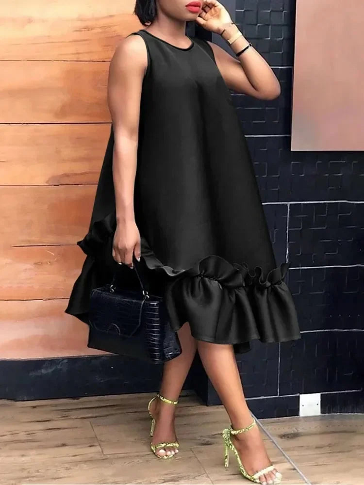 Summer Women Prom Pleated Long Dresses 2025 New Sleeveless Ruffle Trim A-line Party Midi Dresses for Woman Clothing