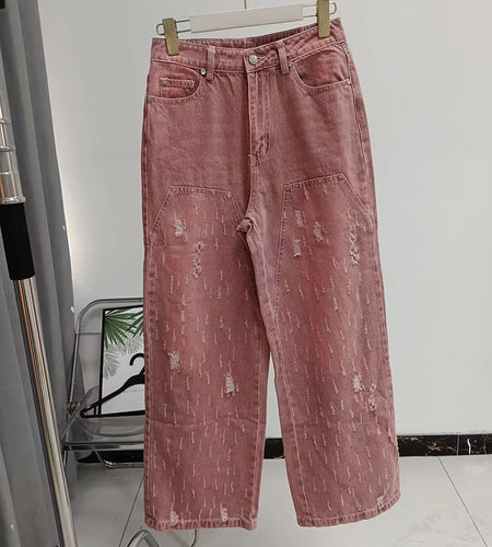 Casual Denim Jeans For Women High Waist Full Length Patchwork Pockets Solid Chic Jean Female Fashion Clothing