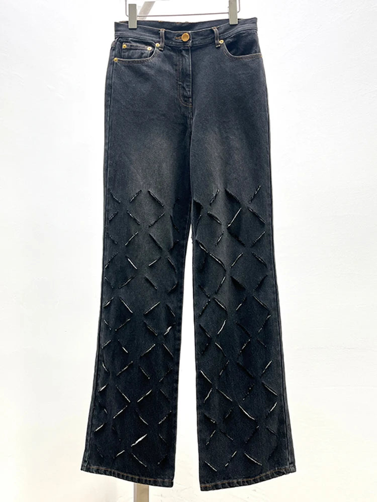 Hollow Out Jeans For Women High Waist Patchwork Button Loose Casual Temperament Solid Wide Leg Pants Female Fashion