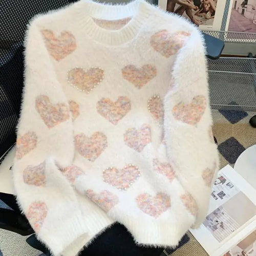 Load image into Gallery viewer, French Retro Heart Shaped Pearl Imitation Mink Sweaters Women Round Neck Warm Long Sleeves Knit Pullover Tops Autumn Winter Chic

