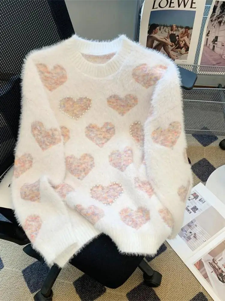 French Retro Heart Shaped Pearl Imitation Mink Sweaters Women Round Neck Warm Long Sleeves Knit Pullover Tops Autumn Winter Chic