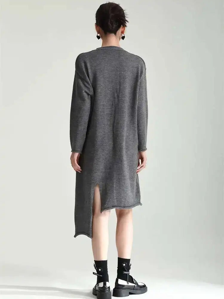 Women Gray Irregular Design Knitting Dress New Turtleneck Long Sleeve Loose Fit Fashion Tide Spring Autumn 2025 1DF2618