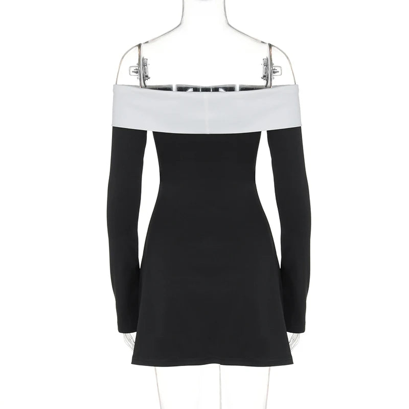 Off-shoulder Long Sleeve Mini Dress For Women Autumn Winter New Patchwork Strapless Backless A-line Sexy Dress Elegant