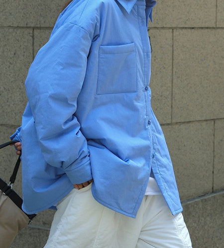 Women Blue Plaid Cotton-padded Big Size Warm Blouse New Lapel Long Sleeve Shirt Fashion Tide Autumn Winter 2025 1DH7214