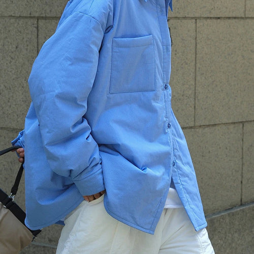 Load image into Gallery viewer, Women Blue Plaid Cotton-padded Big Size Warm Blouse New Lapel Long Sleeve Shirt Fashion Tide Autumn Winter 2025 1DH7214
