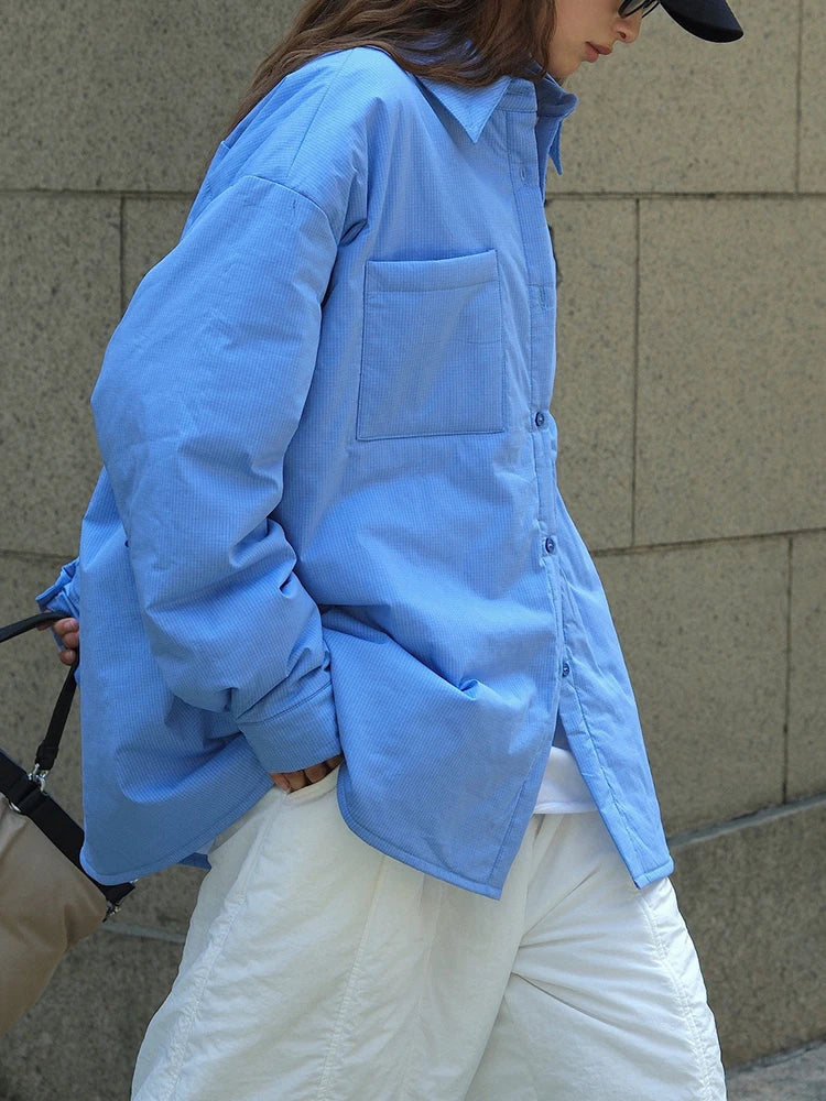 Women Blue Plaid Cotton-padded Big Size Warm Blouse New Lapel Long Sleeve Shirt Fashion Tide Autumn Winter 2025 1DH7214