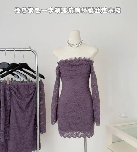 Vintage Fashion Women Purple Lace Long Sleeved Backless Party Short Dress Autumn Off Shoulder Wrapping Hip Mini Dress Simplicity