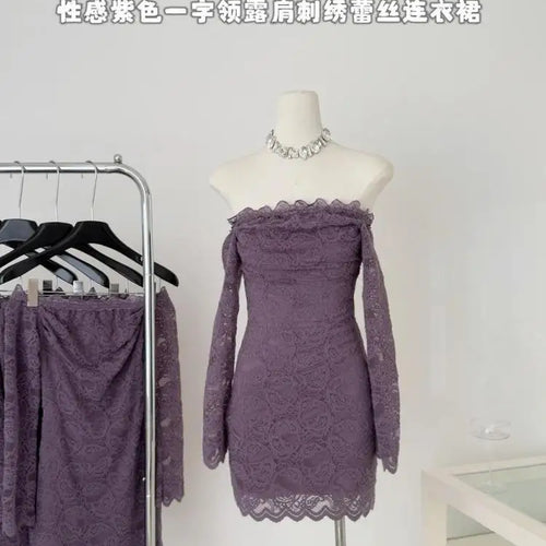 Load image into Gallery viewer, Vintage Fashion Women Purple Lace Long Sleeved Backless Party Short Dress Autumn Off Shoulder Wrapping Hip Mini Dress Simplicity
