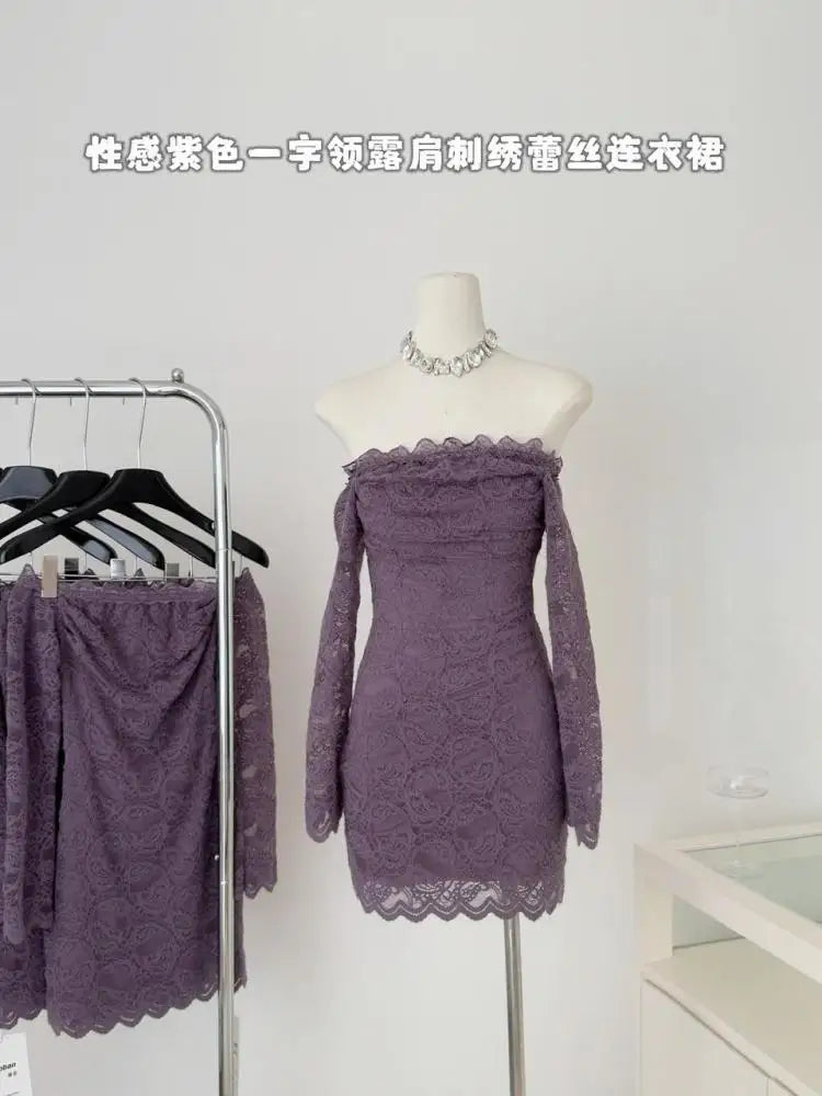 Vintage Fashion Women Purple Lace Long Sleeved Backless Party Short Dress Autumn Off Shoulder Wrapping Hip Mini Dress Simplicity