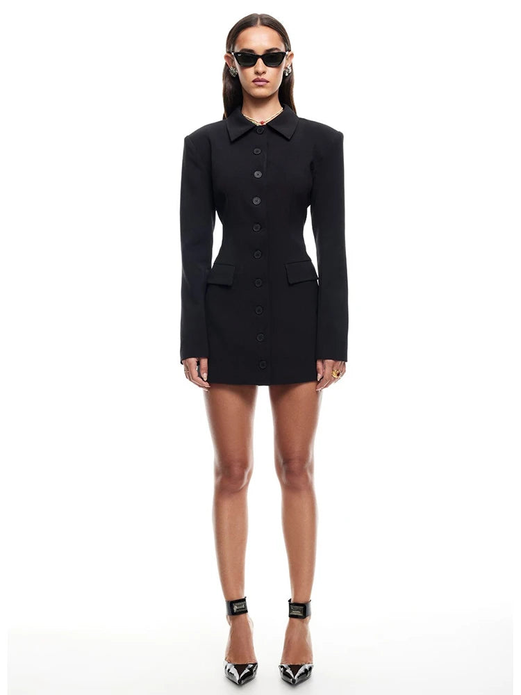Long Sleeve Lapel Sexy Mini Dress For Women Solid Single-breasted Two Pocket High Waist Office Lady Blazer Dress