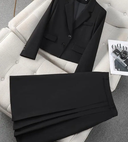 Korean Women Two Pieces Suit 2024 Autumn Winter Fashion Black Grey Single Breasted Blazers And High Waist Pleated Long Skirt Set