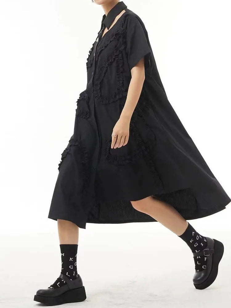 Women Black Hollow Out Irregular Ruffles Big Size Shirt Dress New Lapel Short Sleeve Fashion Spring Summer 2025 1DJ0504
