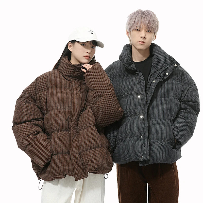 American Style Men's Cotton Coats Stand Collar Plaid Drawstring Casual Tops Thick Vintage Loose Male Padded Jackets 9C9340